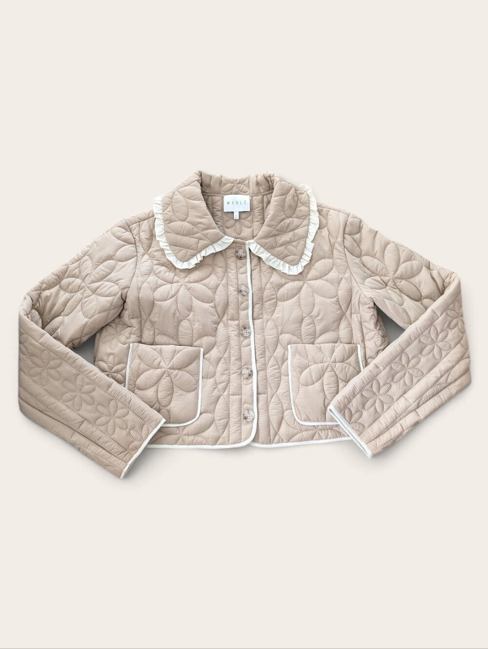 NWOT MABLE Quilted Ruffle Collar Cream Beige Button Jacket, sz S
